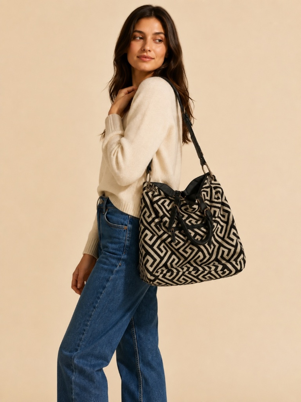 Black & Cream Geometric Canvas Shoulder Bag w/ Gold Hardware